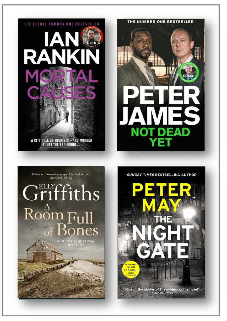Four book covers of crime novels by Ian Rankin, Peter James, Elly Griffiths, and Peter May on a white background.