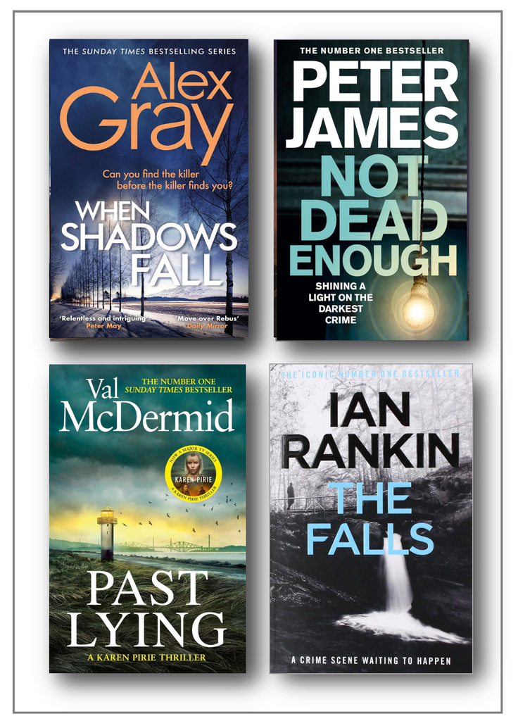 Four paperback mystery thriller book covers arranged in a 2x2 grid on a white background. The covers feature authors Alex Gray, Peter James, Val McDermid, and Ian Rankin, with titles When Shadows Fall, Not Dead Enough, Past Lying, and The Falls.