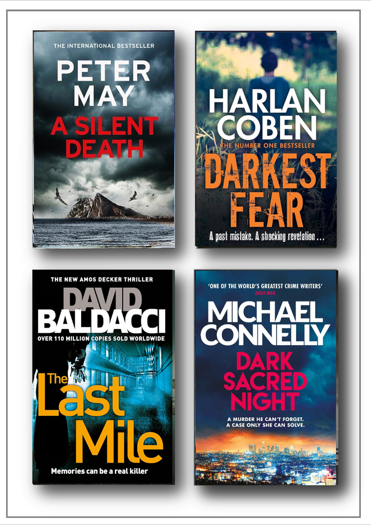 Four book covers arranged in a 2x2 grid on a white background: Peter May's 'A Silent Death', Harlan Coben's 'Darkest Fear', David Baldacci's 'The Last Mile', and Michael Connelly's 'Dark Sacred Night'.