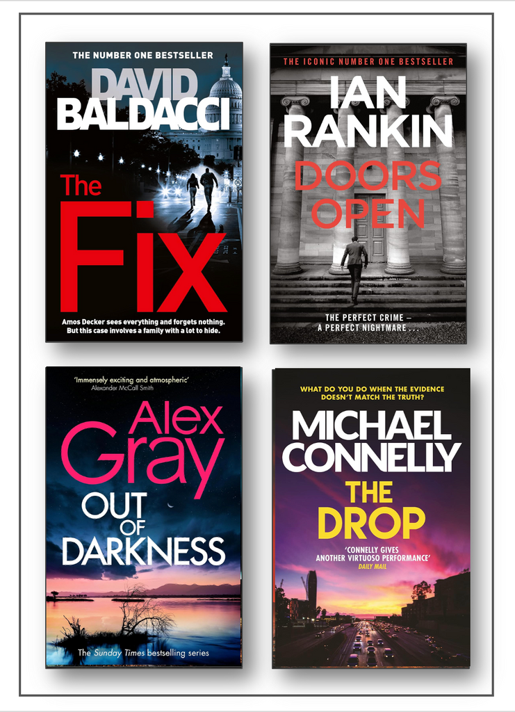 Four book covers arranged in a 2x2 grid on a white background: David Baldacci's The Fix, Ian Rankin's Doors Open, Alex Gray's Out of Darkness, and Michael Connelly's The Drop.